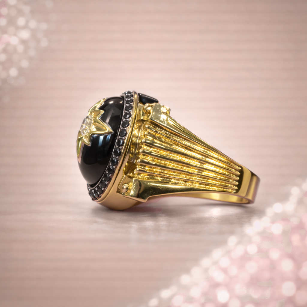 Kerasus Black Stone Star Diamond Statement Ring – 14K Gold