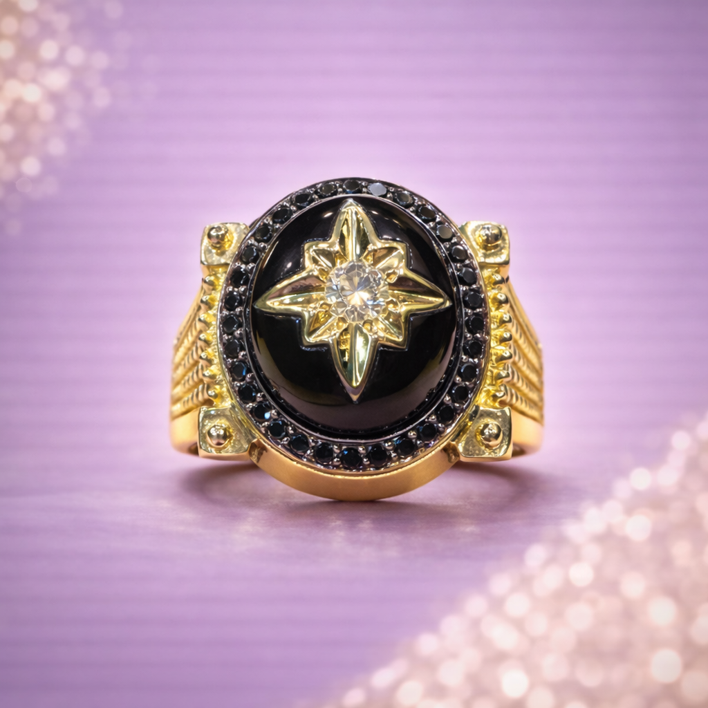 Kerasus Black Stone Star Diamond Statement Ring – 14K Gold