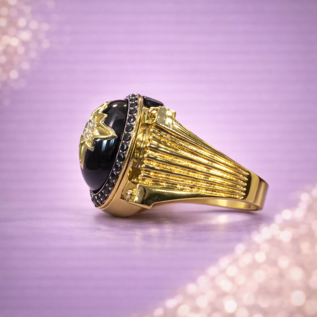 Kerasus Black Stone Star Diamond Statement Ring – 14K Gold