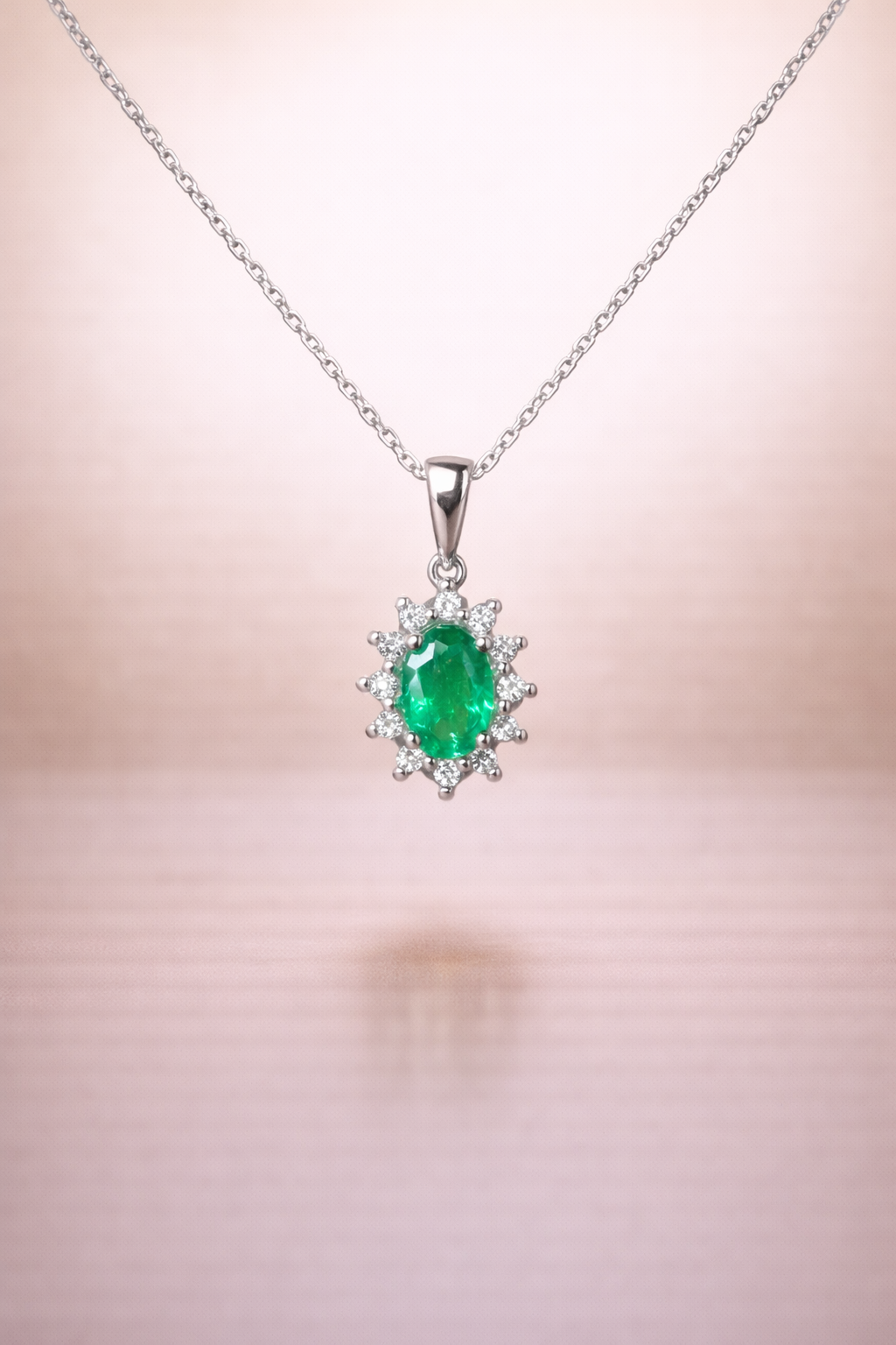 14K Gold Emerald & Diamond Halo Pendant Necklace