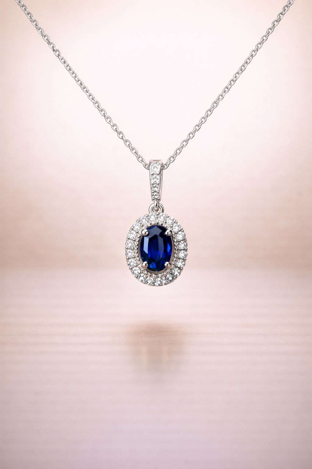 14K Gold Sapphire & Diamond Halo Pendant Necklace