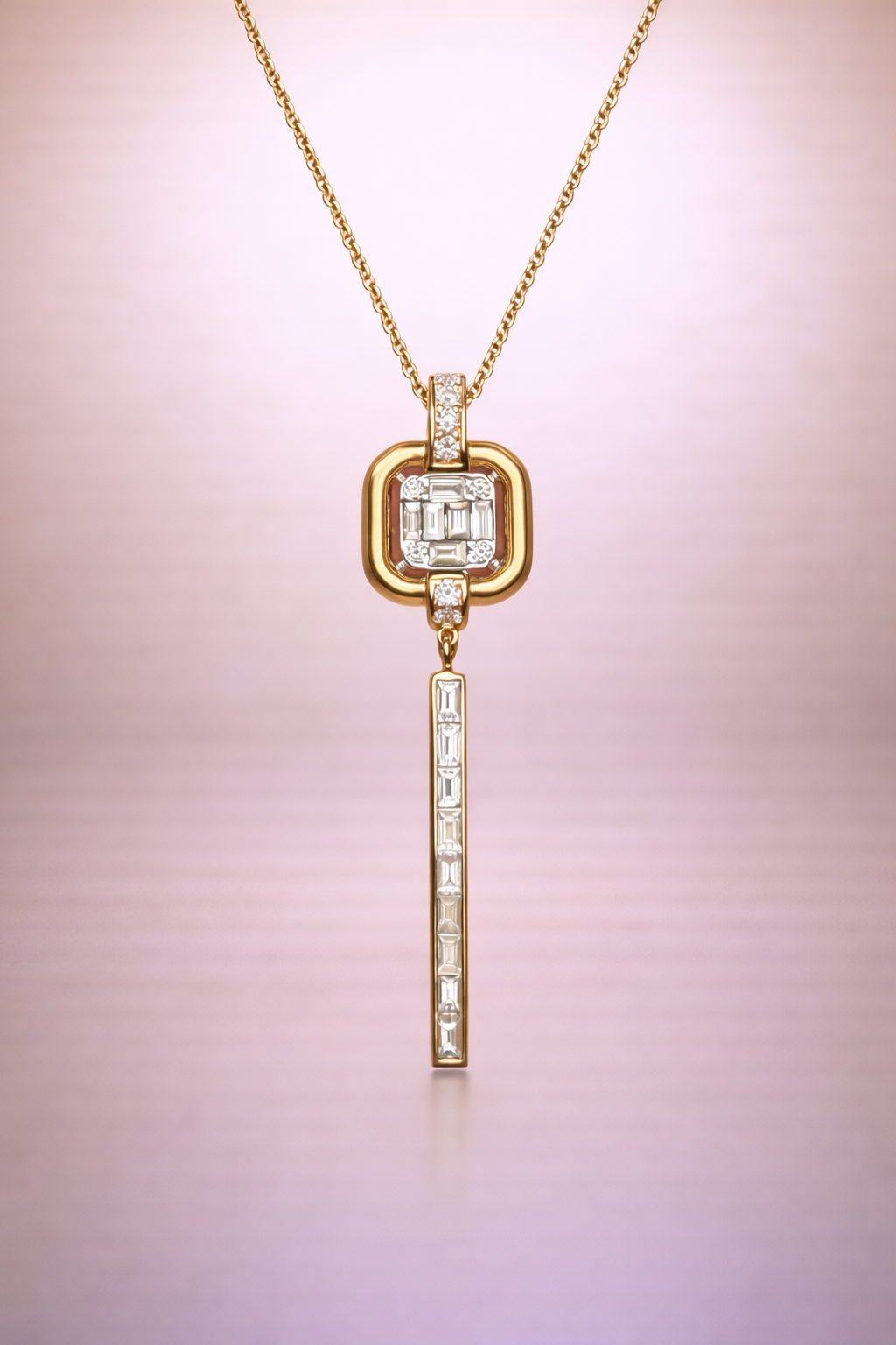 14K Gold Baguette Diamond Bar Necklace