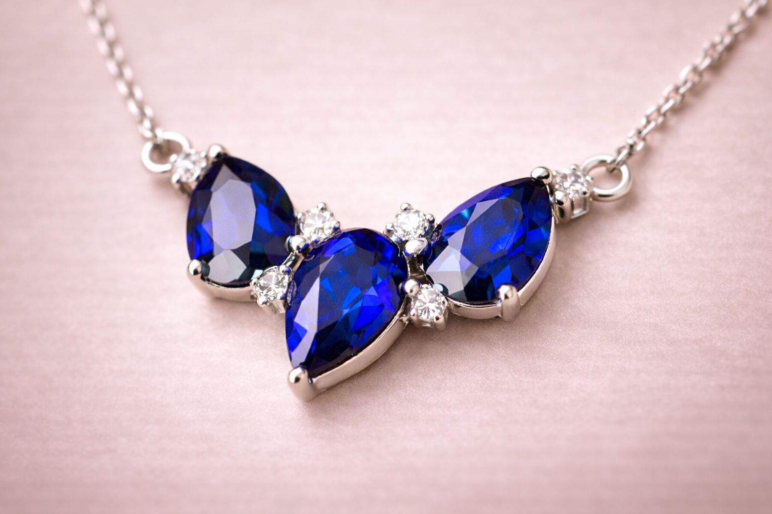 Halskette aus 14-karätigem Gold mit birnenförmigem blauem Saphir und Diamanten