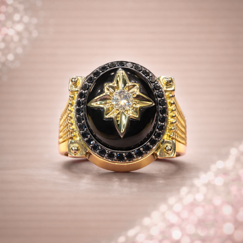 Kerasus Black Stone Star Diamond Statement Ring – 14K Gold